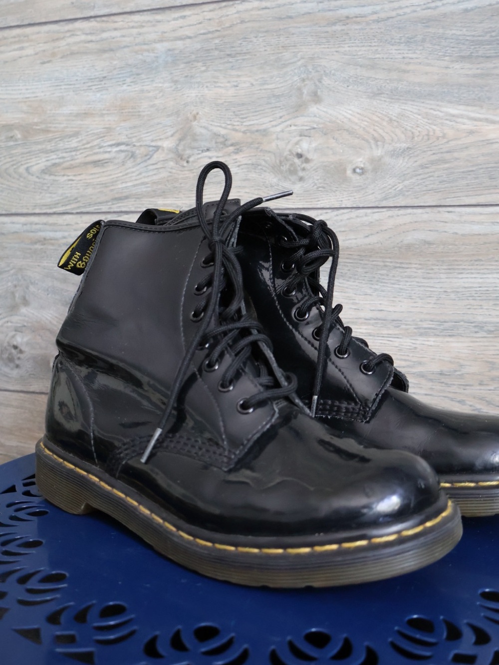 Dr. Martens 1460 Black Patent 8 Eye Lace-Up Boots with classic Yellow Stitching